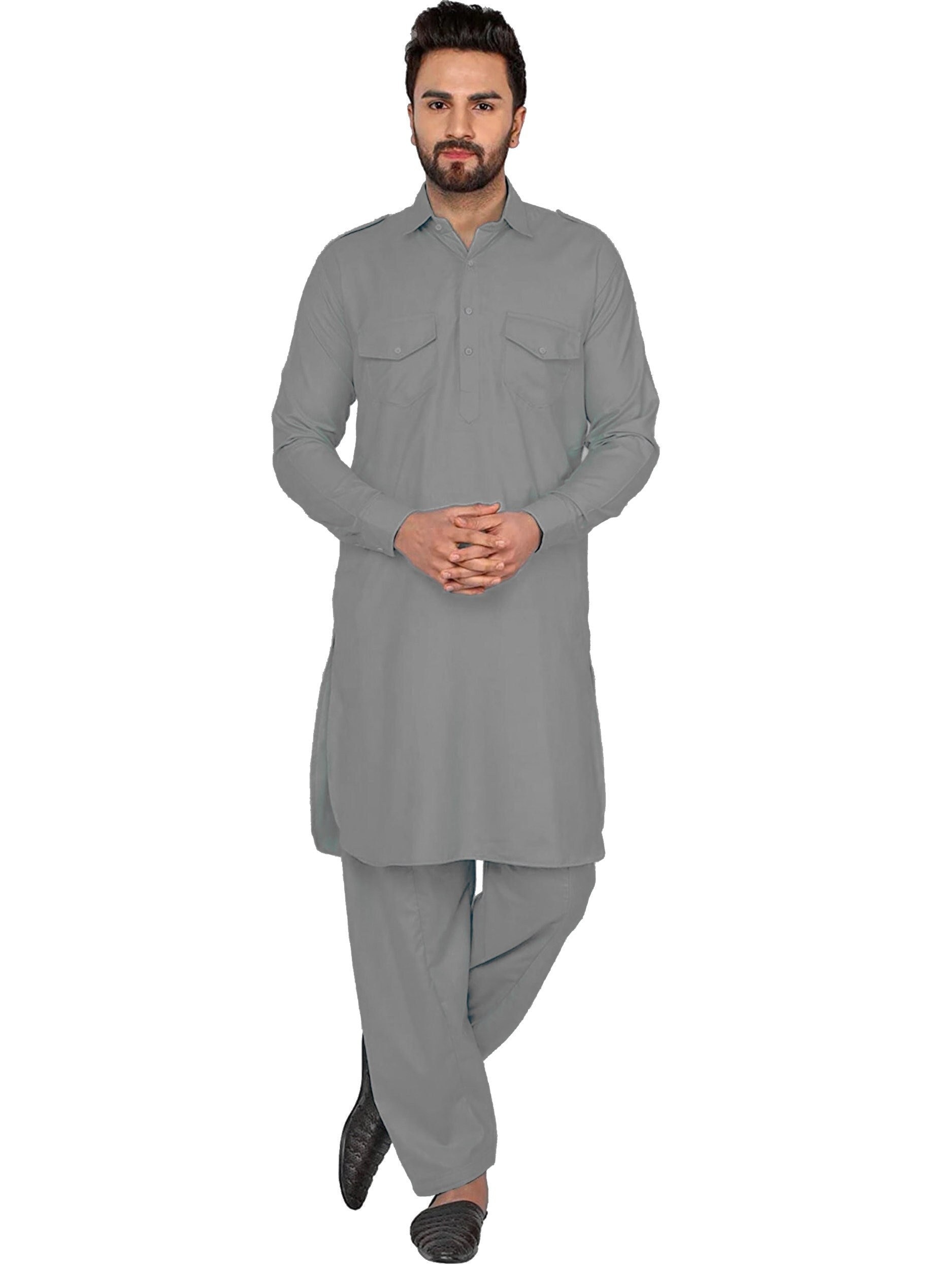 Men s Cotton Pakistani Solid Gray Pathani Plain Kurta Kameez With Pajama Pant Salwar Set Ethnic Casual Shirt Trouser Plus Size Etsy UK