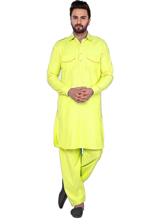 Men s Cotton Afghani Kurta Kameez Plain Solid Yellow Pathani Shirt With Salwar Pajama Pant Set Casual Ethnic Trouser Big Tall Etsy