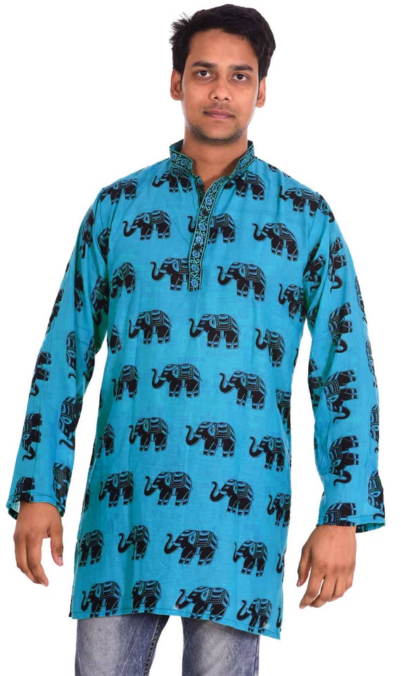 Indian Men's Pure Cotton Tunic Kurta Shirt Plus Size Elephant Print Black Color 