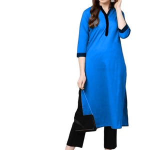 Conjunto de pantalón kurti de algodón indio para mujer: kurta recta lisa con pantalón / Traje étnico indio / Conjunto de algodón para uso diario / Kurti de manga 3/4