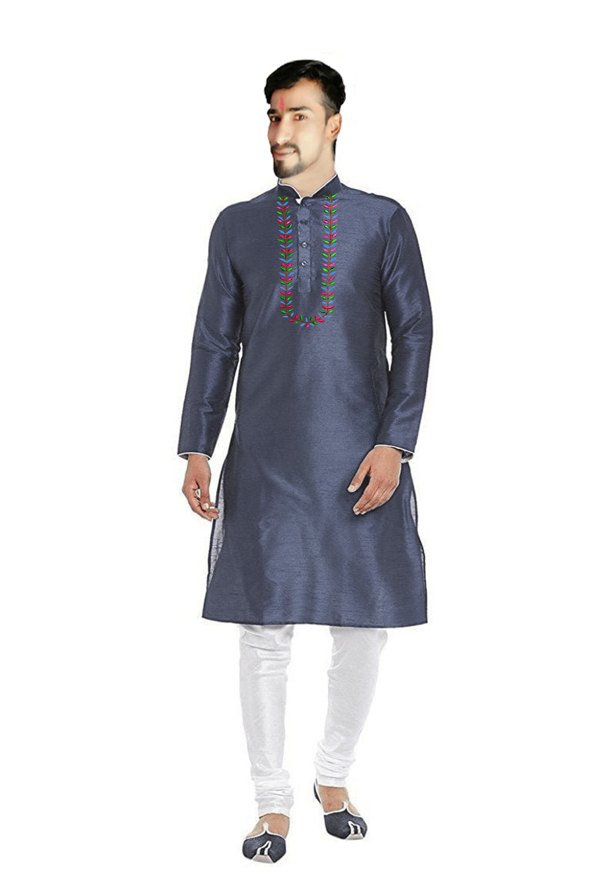 Indian Men's grey Shirt Silk Petal Embroidered Kurta Etsy