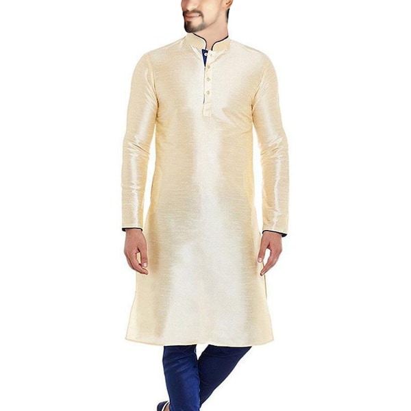 Indian Men Silk traditionele Kurta MultiColor Solid Plain Print Plus Size