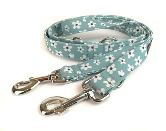 Floral light blue dog leash SKYE, with cute white flowers / daisies, fabric lead - 3 lengths to choose - adjustable length