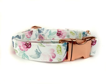 Floral white dog collar MELISSA, water color style, fabric dog collar, Eco Canvas