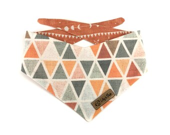 Geo style Dog Bandana YUNA with earthtone triangles, backside tribal pattern, DOUBLESIDED reversible