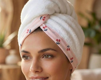 Toalla envolvente de pelo de cereza, turbante rosa de algodón y bambú, regalo de baño coqueto