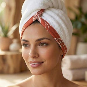 Puede incluir: Una toalla para el cabello blanca con un borde de color &oacute;xido con un patr&oacute;n de hojas blancas. La toalla est&aacute; retorcida y asegurada en la parte superior de la cabeza. El texto "Style - 6" es visible en la parte inferior. La tela parece suave y absorbente.