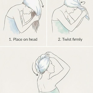 Puede incluir: Una ilustraci&oacute;n instructiva de tres pasos que muestra c&oacute;mo usar una toalla para el cabello. Paso 1: Place on head. Paso 2: Twist firmly. Paso 3: Secure with loop. El dibujo lineal muestra una figura con una toalla en la cabeza con flechas que indican el movimiento para cada paso del proceso.