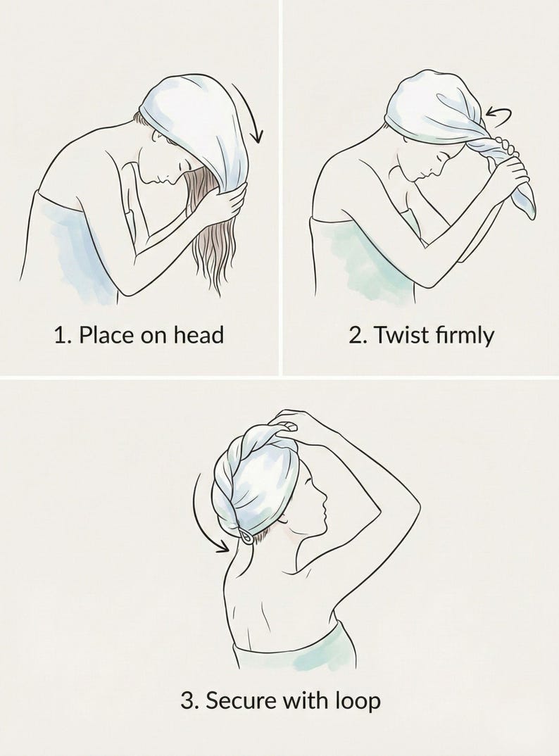 Puede incluir: Una ilustraci&oacute;n instructiva de tres pasos que muestra c&oacute;mo usar una toalla para el cabello. Paso 1: Place on head. Paso 2: Twist firmly. Paso 3: Secure with loop. El dibujo lineal muestra una figura con una toalla en la cabeza con flechas que indican el movimiento para cada paso del proceso.