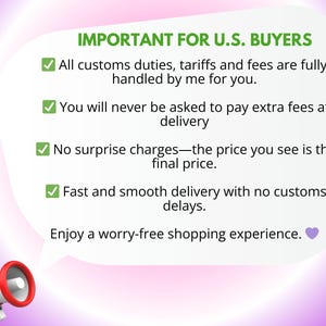 Puede incluir: Un globo de texto blanco con borde degradado morado que contiene el texto IMPORTANT FOR U.S. BUYERS, cuatro marcas de verificaci&oacute;n verdes y texto sobre derechos de aduana, tarifas, entrega y un icono de coraz&oacute;n morado, con un meg&aacute;fono rojo.