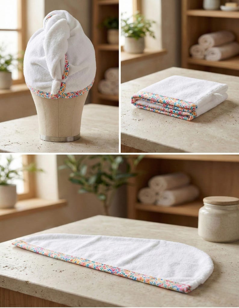 Puede incluir: Una toalla blanca para el cabello con un borde floral colorido. El conjunto incluye una toalla doblada, una toalla extendida y una toalla colocada sobre una cabeza de maniqu&iacute;. La tela es suave y absorbente con un patr&oacute;n multicolor vibrante.