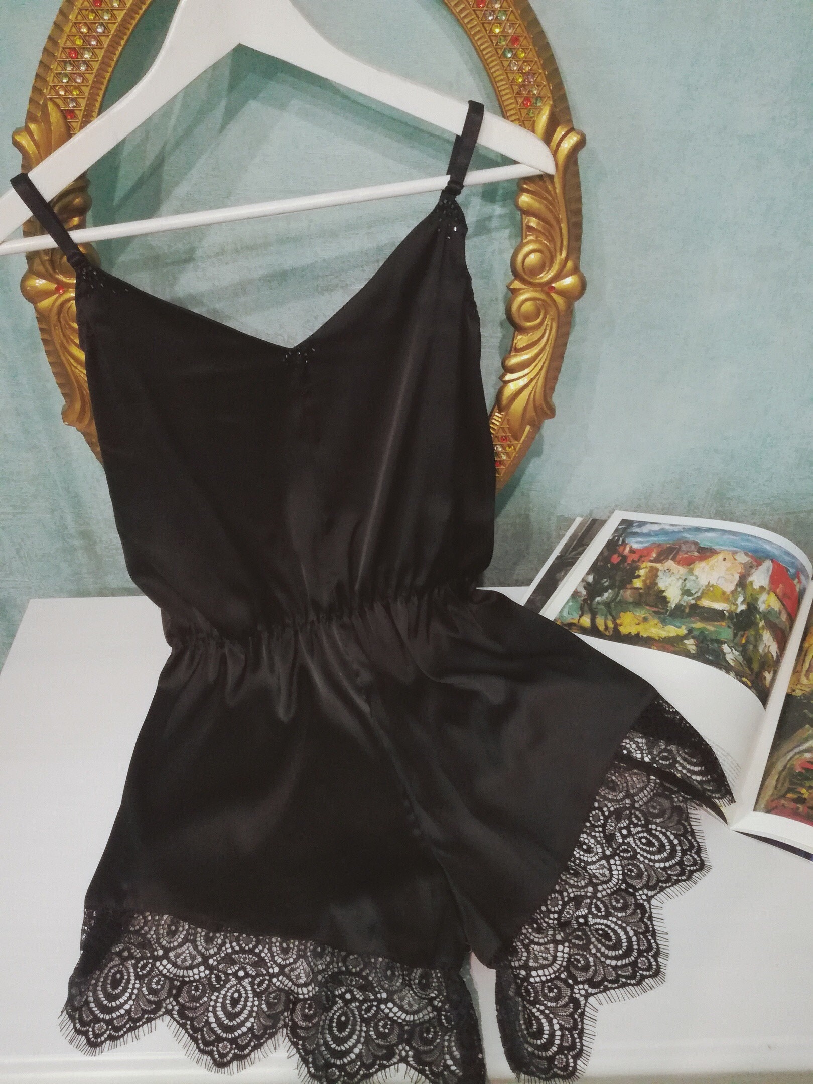 Black Teddy Romper Silk Lingerie Romper Black Lace Etsy