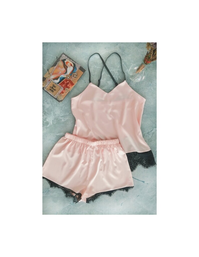 Satin Short Pajama Set With French Lace Bridal Pajamas Etsy