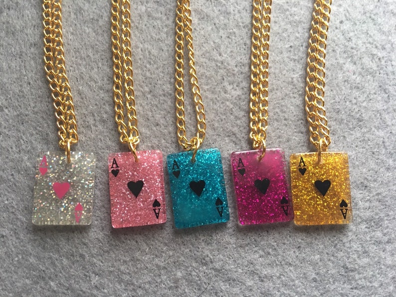 Handmade resin glitter playing cards necklaces