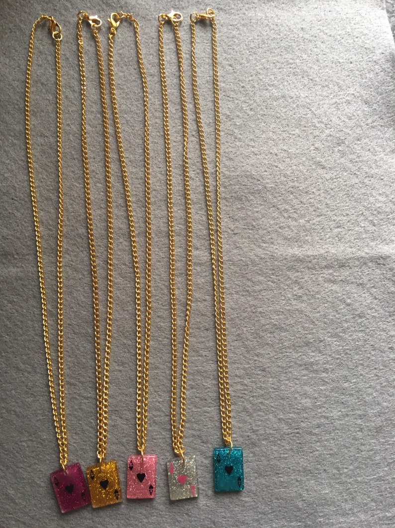 Handmade resin glitter playing cards necklaces