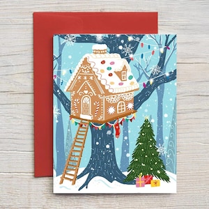 Gingerbread Treehouse Christmas Card | Holiday Card, Greeting Card, Illustrated Card, Gingerbread House Card, Handmade Card, Merry Christmas