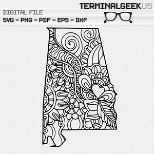 US State Alabama Zentangle Mandala SVG Png Dxf Eps Pdf Subimation Cricut Silhoutte Adult Coloring Page