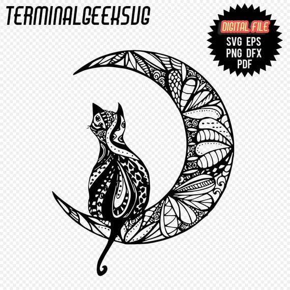 Download Big Cat On The Moon Zentangle Mandala Svg Png Dxf Eps Cricut Etsy