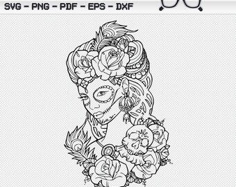 Lady Day of the Dead Sugar Flowers SVG PNG JPG Pdf Cricut Silhoutte