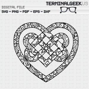 May include: A black and white intricate heart-shaped design with a knot pattern inside. The design is filled with floral details and swirls.