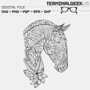 Horse Zentangle Mandala SVG PNG Pdf Dxf Eps Cricut Silhoutte Sublimation Adult Coloring Page
