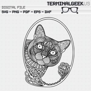 Cat in a Frame Zentangle Mandala SVG Dxf Eps Pdf Png Cricut Silhoutte Sublimation Coloring Page