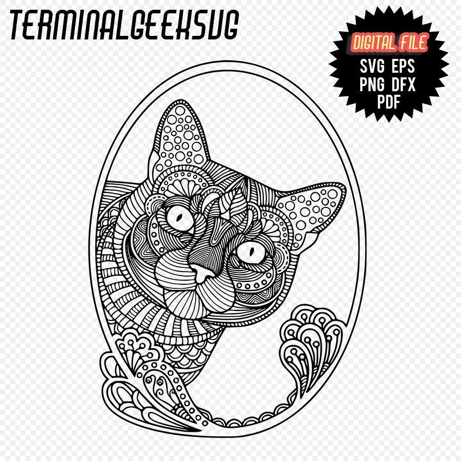 Download Cat In A Frame Zentangle Mandala Svg Dxf Eps Pdf Png Cricut Etsy