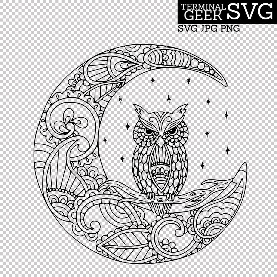 Download Owl on the Moon Zentangle Mandala SVG PNG JPG Cricut ...