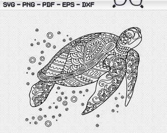 Swimming Turtle Zentangle Mandala SVG Png Dxf Eps Pdf Subimation Cricut Silhoutte Adult Coloring Page