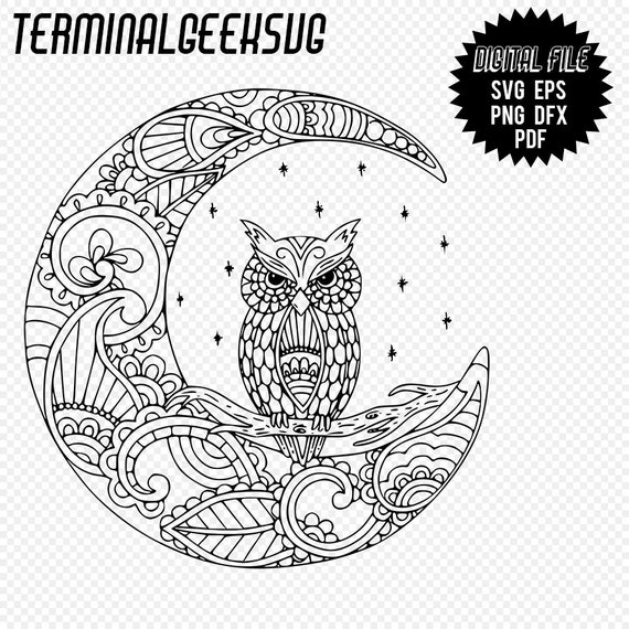 Download Owl On The Moon Zentangle Mandala Svg Png Jpg Cricut Silhoutte Etsy