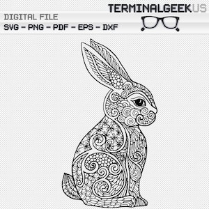 Rabbit #2 Zentangle Mandala Svg Png Dxf Eps Cricut Silhoutte Adult Coloring Page