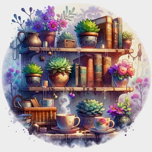 Op de afbeelding: Een houten plank met twee niveaus, versierd met vetplanten, boeken en een theekopje. De plank is versierd met hangende charmes en heeft een rustieke, fantasierijke uitstraling.