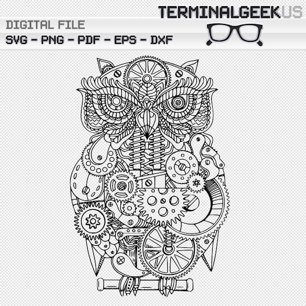 Steampunk Owl Zentangle Svg Png Pdf Dxf Eps Cricut Silhoutte Sublimation Coloring Page