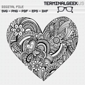 Heart #1 Zentangle Svg Png Pdf Dxf Eps Cricut Silhoutte Sublimation Coloring Page