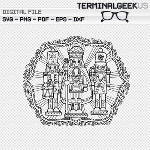 May include: A black and white line art illustration of three nutcracker soldiers standing in a decorative frame. The nutcrackers are wearing traditional costumes and hats. The frame is ornate and has a swirling design.