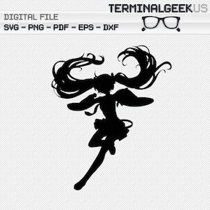 May include: Black silhouette of an anime character with long flowing hair, wearing a skirt and a bow. The character is in a jumping pose with arms outstretched.