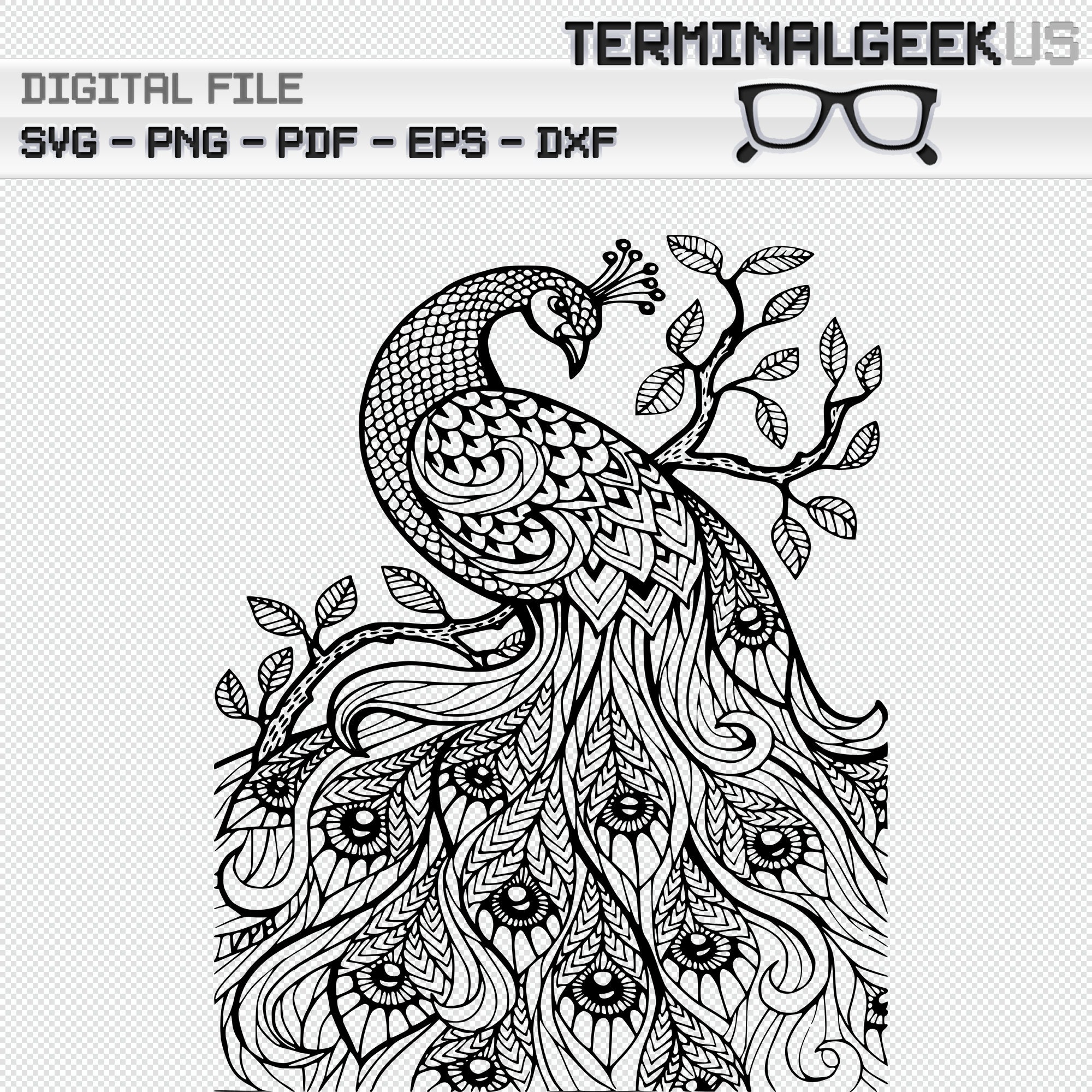 Peacock #2 Zentangle Mandala svg png dxf eps Cricut Silhoutte Adult Coloring Page