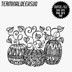 May include: Black and white line art illustration of three pumpkins with intricate designs. The pumpkins are surrounded by leaves and vines.