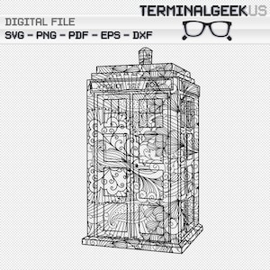 May include: A black and white line art illustration of a police box with intricate patterns and the text "Police Public Call Box" on the side.