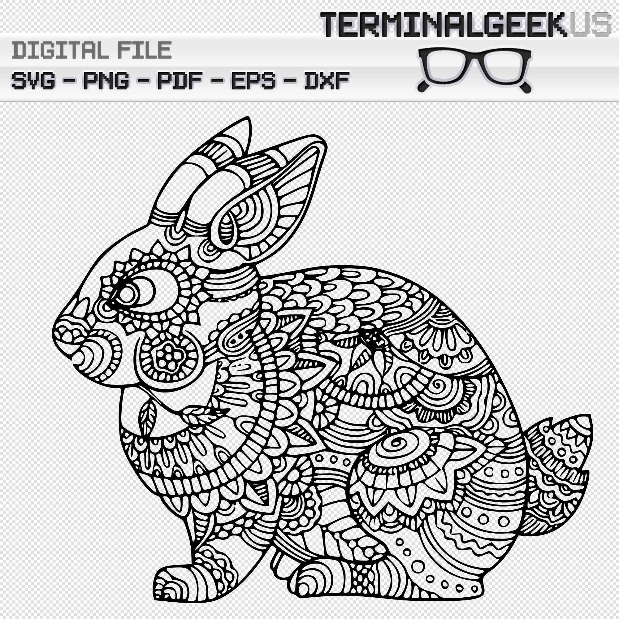 手作り額付き新作品　title「Verdant Rabbit」 Rabbit #1 Zentangle Mandala Svg Png Dxf Eps Cricut Silhoutte