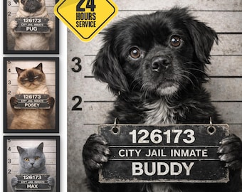 Pet Mugshot Printable Wall Art | Personalized Name Plate | Dog & Cat Humor | Digital Download