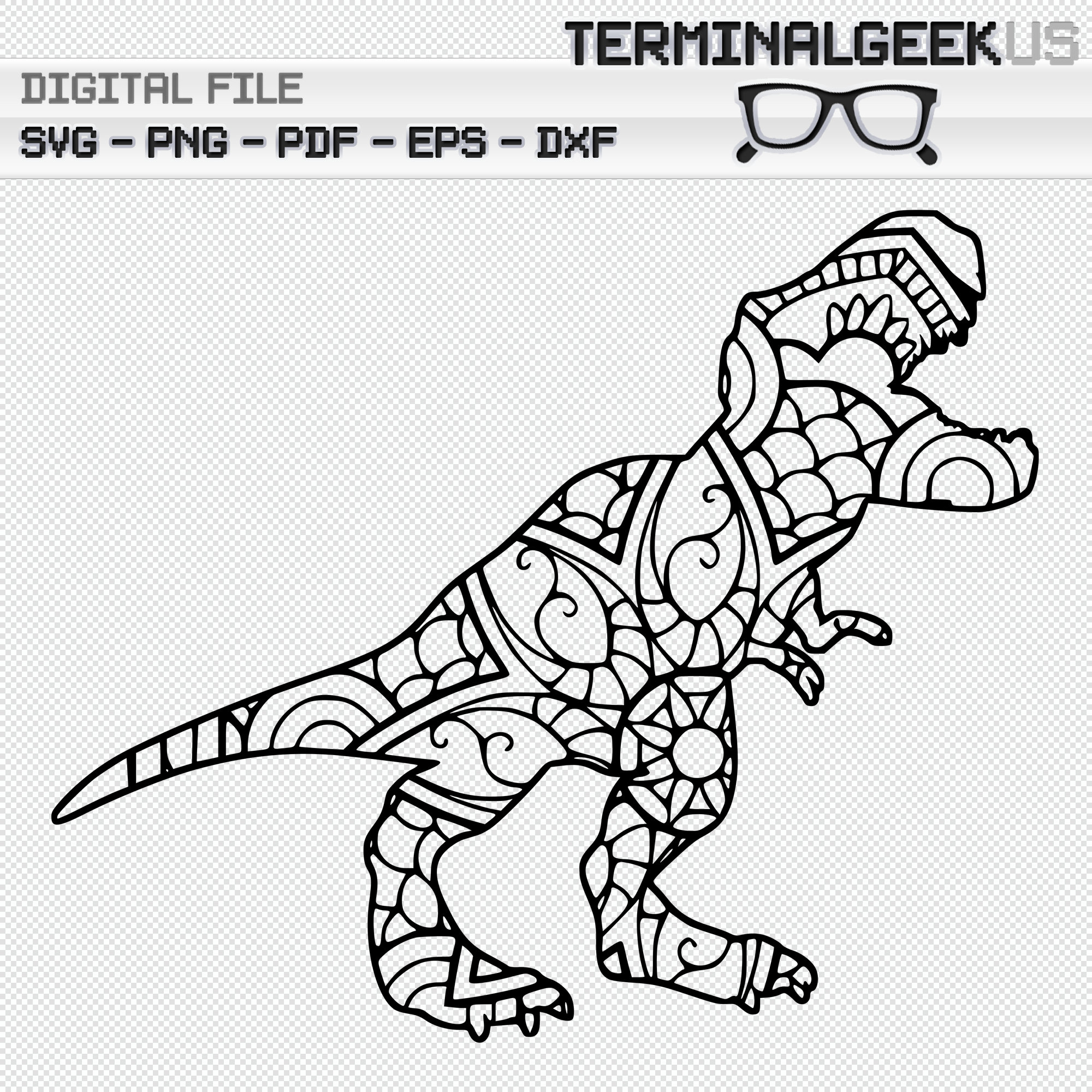 恐竜 T-Rex ゼンタングル マンダラ SVG PNG Dxf Eps Pdf Cricut