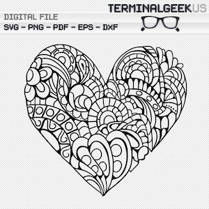 Heart #8 Zentangle Mandala SVG PNG JPG Cricut Silhoutte Coloring Page