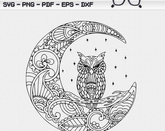Owl on the Moon Zentangle Mandala SVG PNG JPG Cricut Silhoutte
