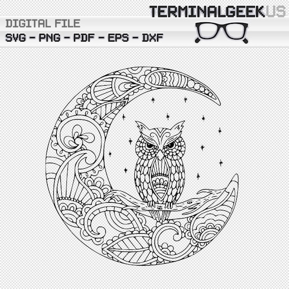 Owl on the Moon Zentangle Mandala SVG PNG JPG Cricut