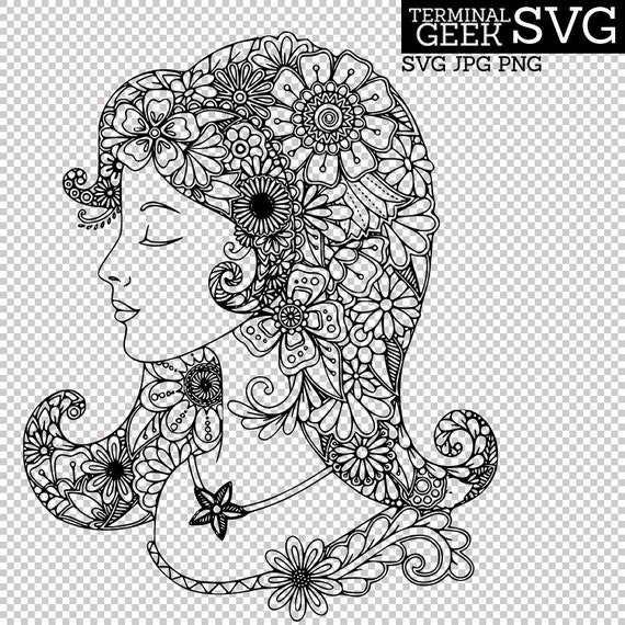 Download Dxf Flower Girl Fairy Zentangle Svg Cut File For Cricut Silhouette Iron On Birthday Party Girls Sublimate Floral Boho Mandala Design Png Clip Art Art Collectibles