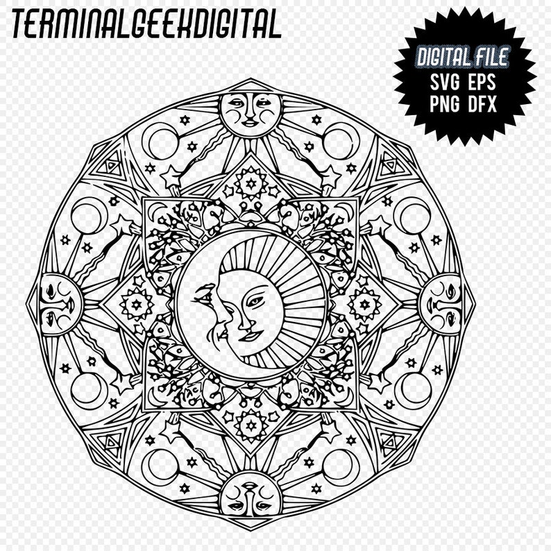 Download Sun and Moon Zentangle Mandala svg png dxf eps Cricut | Etsy