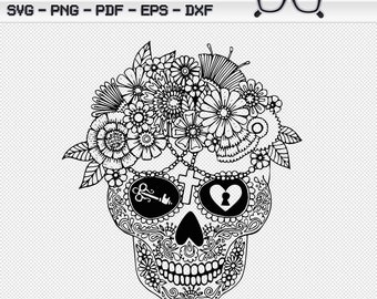 Skull With Flowers Svg Png Eps Dxf Pdf Cricut Silhoutte Coloring Page