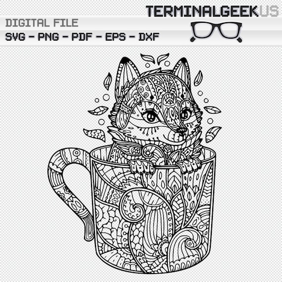 Fox in a Cup Zentangle Mandala SVG PNG JPG Cricut Silhoutte