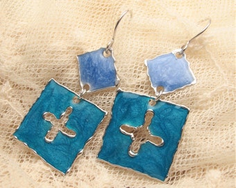 Boucles d’oreilles en émail turquoise bleu des années 70 croix, boucles d’oreilles géométriques fabriquées en Italie